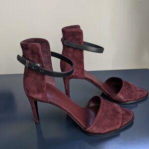 Vince Burgundy Suede Open-Toe Ankle Strap Heels with Black Strap